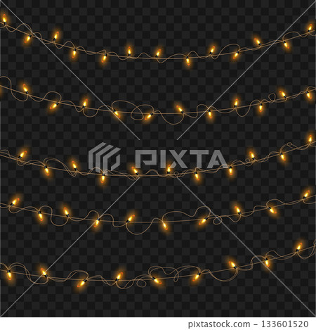 Christmas Glowing Yellow String Lights Garland Set on Transparent Background. Vector 133601520