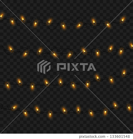 Christmas Glowing Yellow String Lights Garland Set on Transparent Background. Vector 133601548