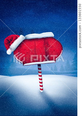 flat design red sign is standing in snowy night with Santa hat on candy cane pole flat design red sign is standing in snowy night with Santa hat on candy cane pole 133601550