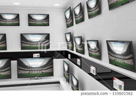 Displaying flat-screen TVs on wall and shelf showing stadium panorama in store with tags placards 133601562