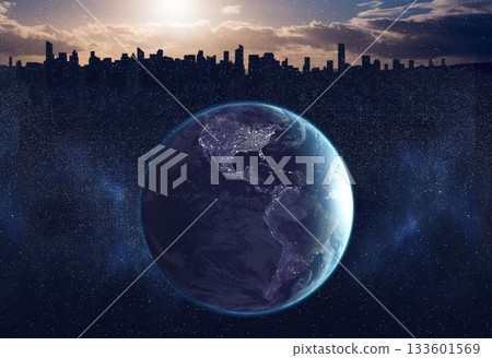 Picture of the earth in front of a city Picture of the earth in front of a city 133601569