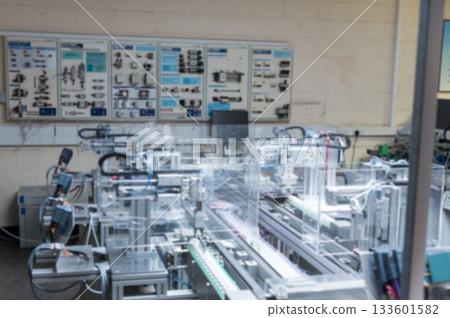 Modular automation system is showing conveyor, actuators and safety guards in flat design lab Modular automation system is showing conveyor, actuators and safety guards in flat design lab 133601582