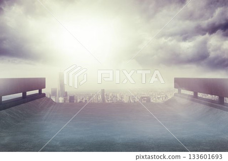 Flat design roof terrace showing concrete deck with guardrails, skyscrapers, lens flare, copy space Flat design roof terrace showing concrete deck with guardrails, skyscrapers, lens flare, copy space 133601693