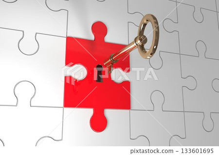 Red puzzle piece with keyhole is showcasing gold key on glossy white puzzle in 3D render Red puzzle piece with keyhole is showcasing gold key on glossy white puzzle in 3D render 133601695