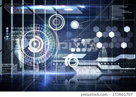 Hologram interface in office overlooking city 133601707