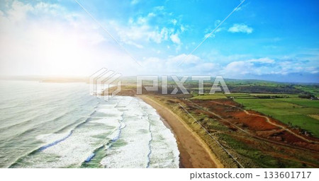 Flat design illustration showing ocean waves curving onto sandy beach meeting green fields Flat design illustration showing ocean waves curving onto sandy beach meeting green fields 133601717