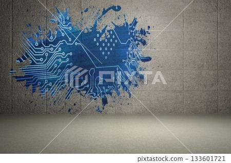 Splash on wall revealing circuit board 133601721