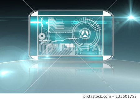 Floating holographic panel showing circuit lines, radial chart in futuristic digital environment Floating holographic panel showing circuit lines, radial chart in futuristic digital environment 133601752