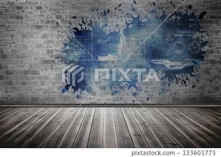 Splash on wall revealing technology interface 133601773