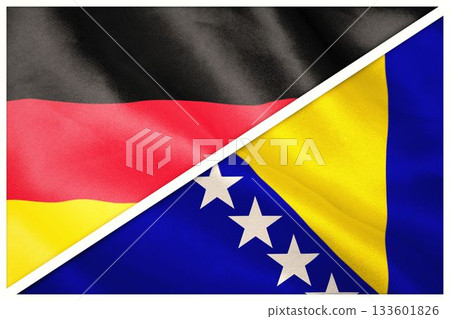 Close-up of German and Bosnian flags Close-up of German and Bosnian flags 133601826