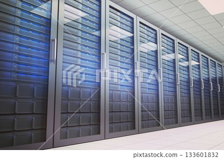 metal server cabinets are lining corridor 3D render showing glass doors and glowing blue lights 133601832