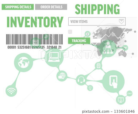 Abstract flat infographic is showing inventory shipping details with barcode tracking network icons 133601846