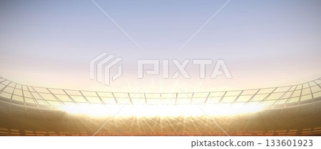 Flat design illustration is showing stadium floodlights and roof truss shining over empty seats 133601923