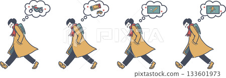 Illustration of a man walking quickly while thinking about his hobbies Illustration of a man walking quickly while thinking about his hobbies 133601973