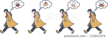 Illustration of a man walking quickly while thinking about food Illustration of a man walking quickly while thinking about food 133601974