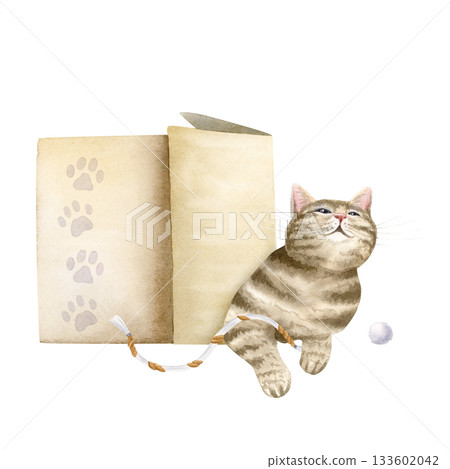 Funny brown cat in box with toys watercolor illustration isolated on white. Hand drawn striped tabby pet laying and looking up clip art for domestic animals designs, rescue and adoption centers 133602042