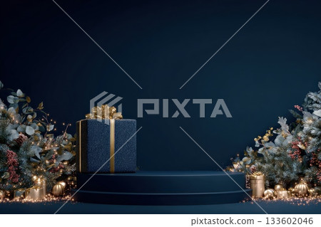 Dark blue Christmas product podium with glitter gift box, golden ribbon and surrounding frosted winter foliage with warm fairy lights. Ideal for showcasing luxury festive products 133602046