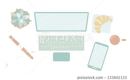 Muted color work desk set / Laptop and croissant morning work flat lay (transparent background) 133602133