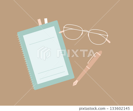 Muted color stationery set / Study desk with notebook, fountain pen, and glasses (with background color) 133602145