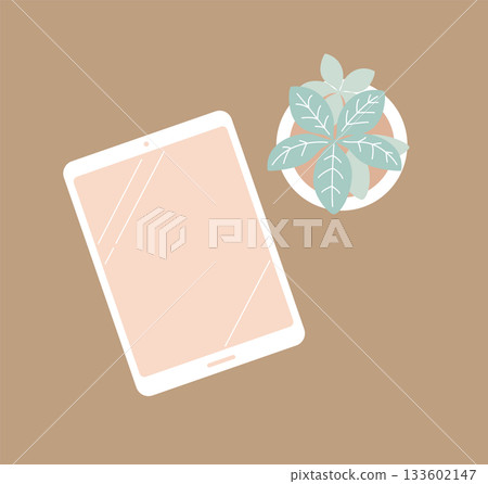 Flat lay of a muted colored tablet and potted plant / Relaxing desk (with background color) 133602147