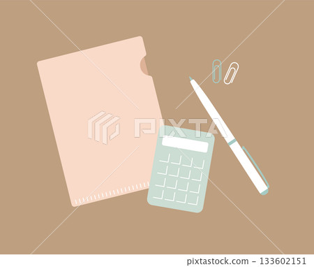 柔和色調的辦公室套裝/會計工作區，配有計算器、原子筆和透明文件夾（背景顏色可選） 133602151