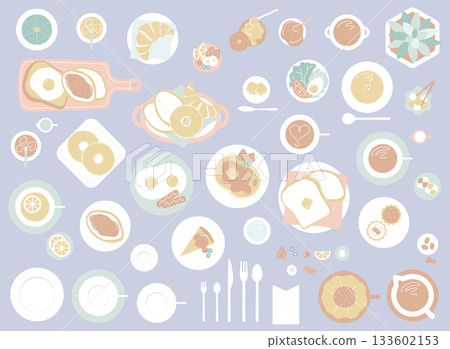 Muted color cafe breakfast set / Flat lay of bread and drinks arranged from above (with background color) 133602153