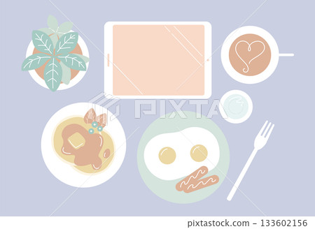 Muted color tablet and breakfast set / Pancakes and fried eggs morning flat lay (with background color) Muted color tablet and breakfast set / Pancakes and fried eggs morning flat lay (with background color) 133602156