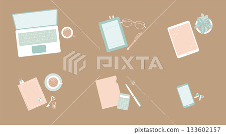 柔和色調商務配件套裝（含背景色）/ 簡約六件平鋪圖 133602157