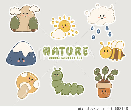Cute Cartoon Nature Doodle Set. Kawaii Mountain, Sun, Cloud, Bee, Mushroom and Plant Vector Illustration. 133602158