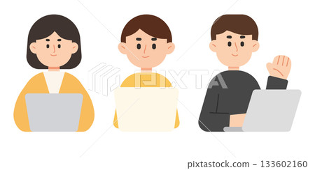 Set of flat cartoon illustration of office worker working on laptop computer. Co-working and working space concept Set of flat cartoon illustration of office worker working on laptop computer. Co-working and working space concept 133602160