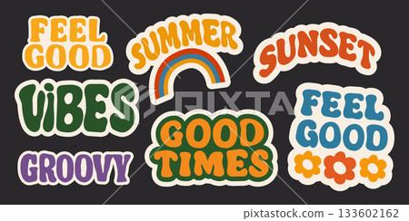Retro Groovy Sticker Typography Set. Retro Groovy Sticker Typography Set. 133602162