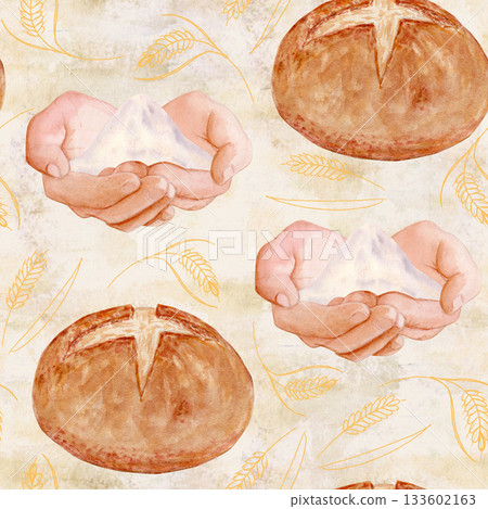 Bread, flour in cupped hands, golden wheat elements watercolor seamless pattern on a beige background. Natural bakery theme, warm tones, ideal for packaging, branding, menus, and artisan food projects Bread, flour in cupped hands, golden wheat elements watercolor seamless pattern on a beige background. Natural bakery theme, warm tones, ideal for packaging, branding, menus, and artisan food projects 133602163