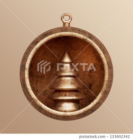 Rustic Bronze Metallic Christmas Tree Ornament. 3D Rendering 133602342
