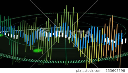 Circular grid visualization displaying vertical bars rising on dark interface, with glowing nodes 133602396