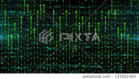 Streaming green binary digits cascading in virtual digital space, with vertical data streams Streaming green binary digits cascading in virtual digital space, with vertical data streams 133602400