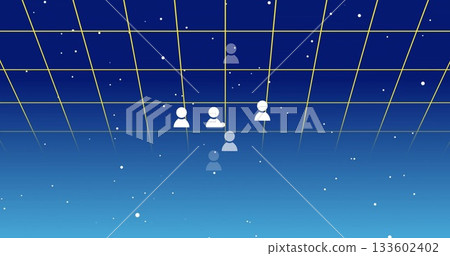 Floating user avatar icons clustering over yellow grid in virtual network, with data points Floating user avatar icons clustering over yellow grid in virtual network, with data points 133602402