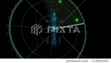 Sweeping cockpit radar grid interface displaying luminous scan, green blips and rocket schematic Sweeping cockpit radar grid interface displaying luminous scan, green blips and rocket schematic 133602403