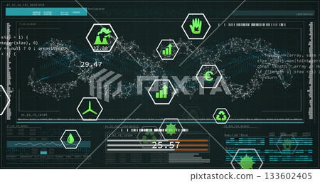 Displaying network flowing helix on dark dashboard, with neon hex icons and numeric readouts 133602405