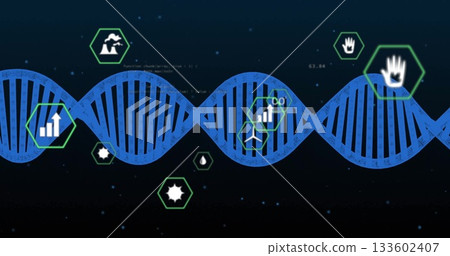 Displaying blue DNA helix stretching across dark navy backdrop, with green hexagon icons 133602407