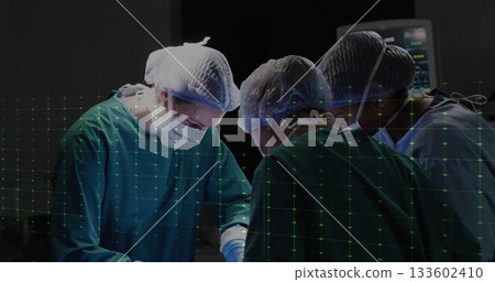Three surgeons positioning instruments over draped table in operating room, AR grid overlay 133602410