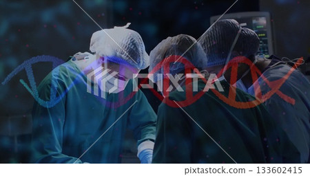 Operating surgical team in scrubs focusing on patient in sterile operating room, with DNA overlay 133602415