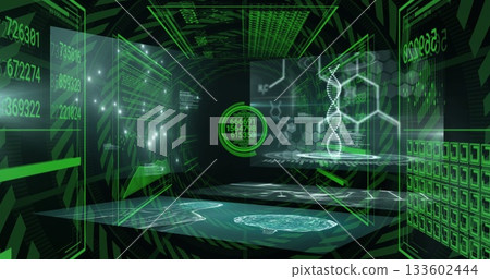Displaying central DNA helix floating in virtual control room, with glowing holographic data panels 133602444