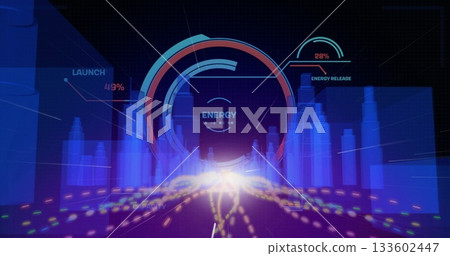 Projecting circular energy display in simulation, with bar graphs glowing path and progress gauges 133602447