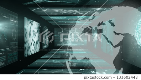 Holographic globe floating in tech corridor, data panels showing DNA, charts and code, copy space 133602448