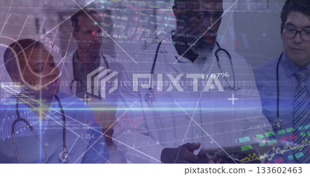 Holding tablet, doctor in lab coat leading medical team analyzing data in hospital lab, with charts 133602463