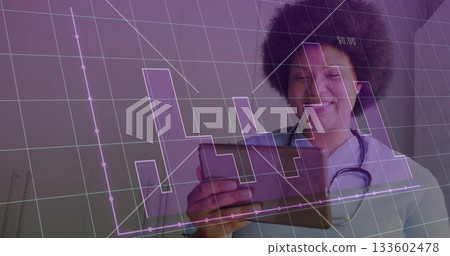 Nurse in blue scrubs, stethoscope analyzing data on tablet at clinic, with translucent 3D bar chart 133602478