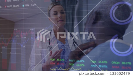 Doctor in lab coat with stethoscope evaluating gowned man touching neck in clinic, charts overlay 133602479