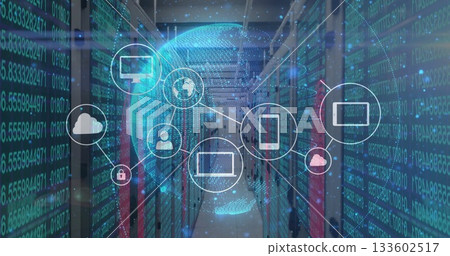 Displaying central digital network overlay spanning data center aisle, with globe connected icons 133602517