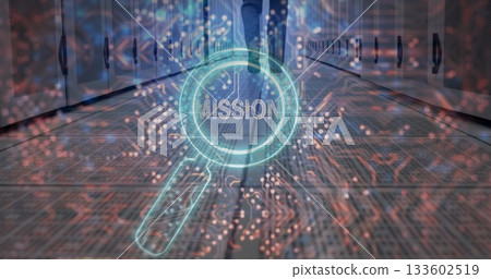 IT pro wearing slacks walking in data center aisle, with server racks, floor tiles, mission overlay 133602519