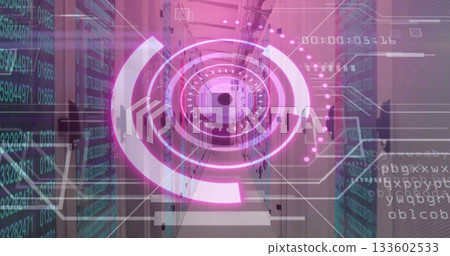 Floating circular interface overlay in data center aisle, with server racks, LEDs, numeric data 133602533